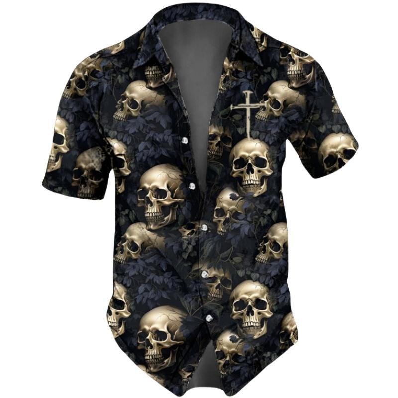 Horror Skulls Print  Men's Shirts Summer Hip Hop Style Short Sleeve Lapel Shirts For Men Streetwear Hawaiian Beach Holiday Shirt
