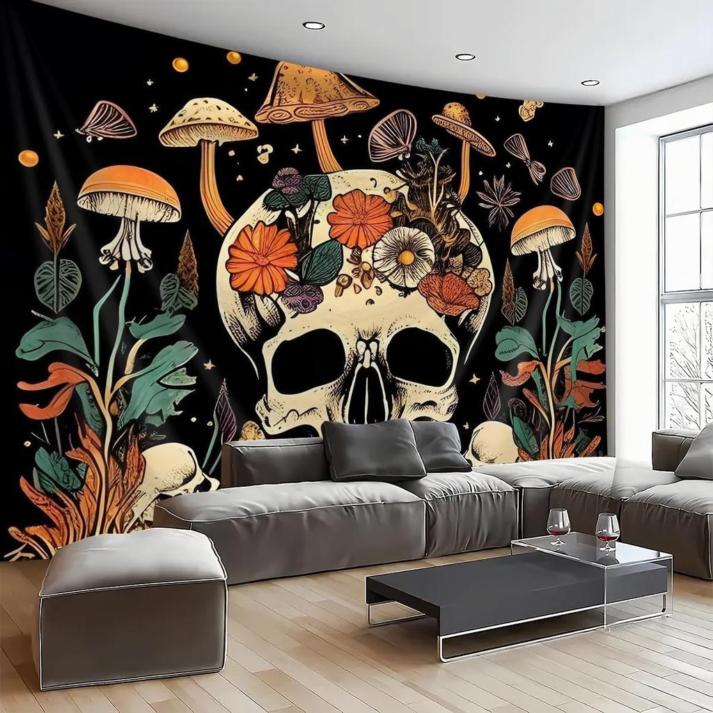 Cartoon Skull Floral Tapestry, Mushroom Leaves Skeleton Goth Garden Aesthetic Tapestries For Bedroom Game Room College