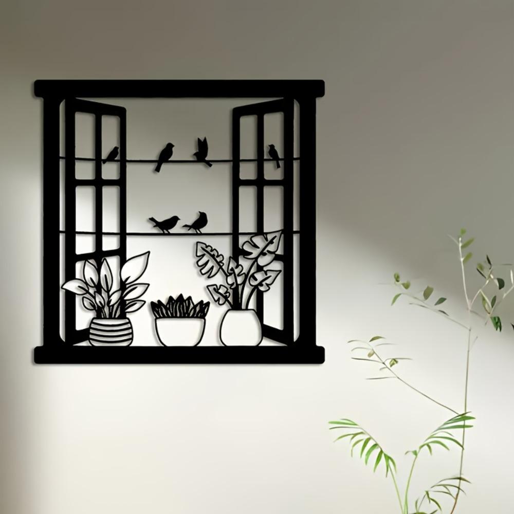 Wrought Iron Wall Art Bird Floral Window Design Metal Hanging Decor for Indoor Outdoor Garden Living Room Bedroom Gift