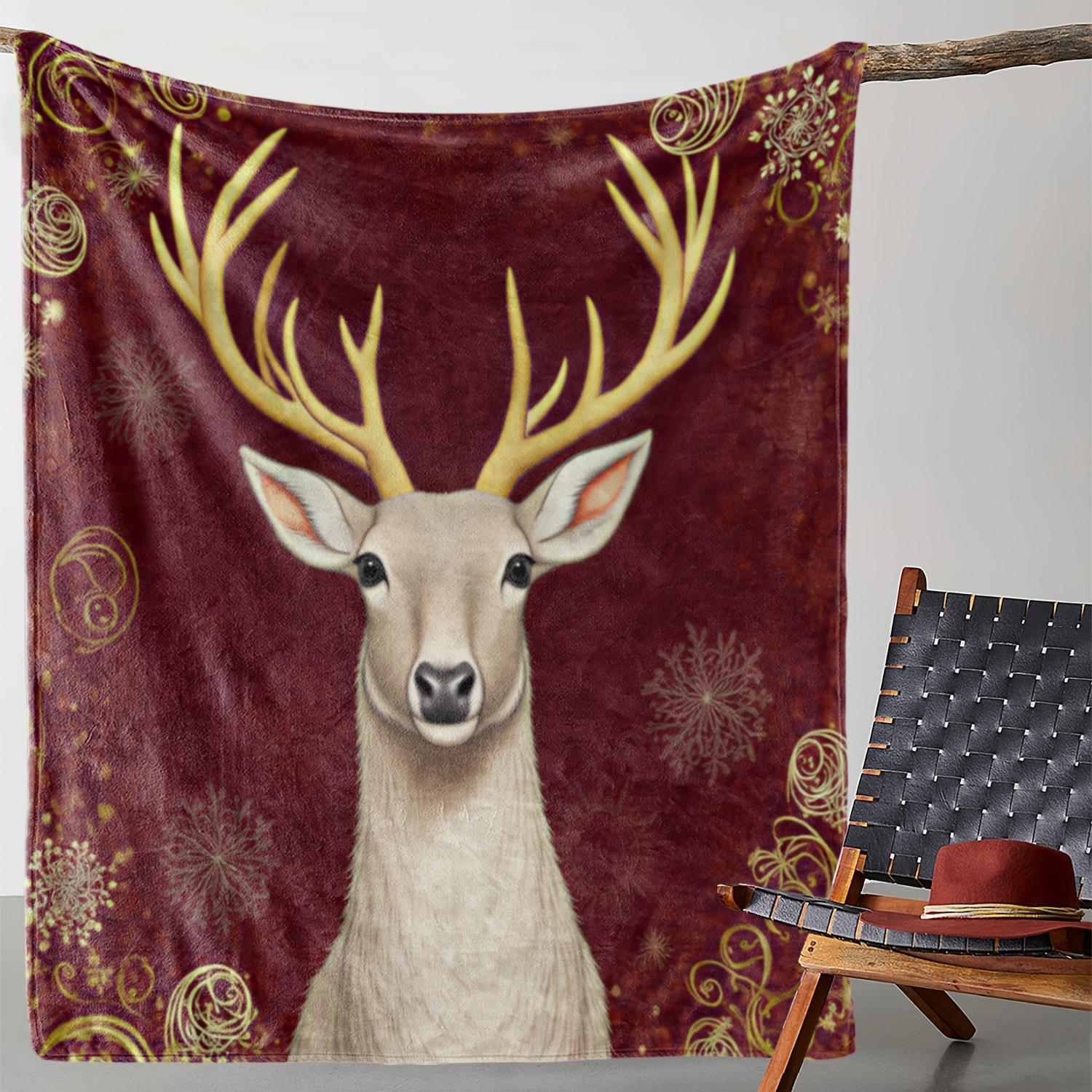 

1pc Christmas Flannel Blanket - Soft Deer & Snowflakes Winter Throw in Burgundy Golden, All-Season Couch Bed Travel Camping Off 130x150cm