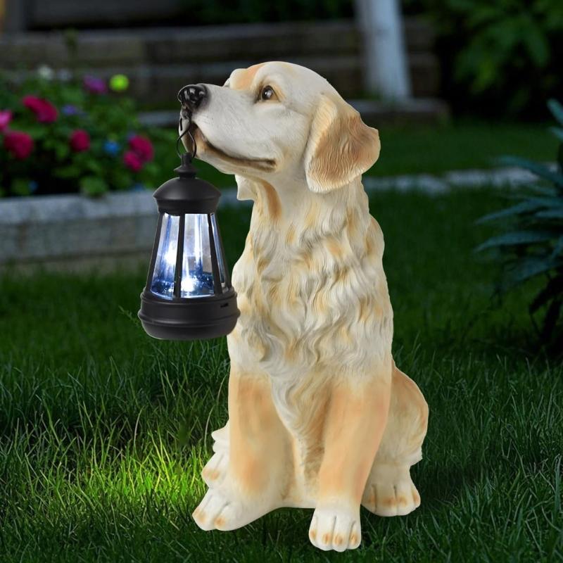 Garden Decoration Dog Statues Outdoor Golden Dog Puppy Statue with Solar Outdoor Figurine Light for Garden Patio