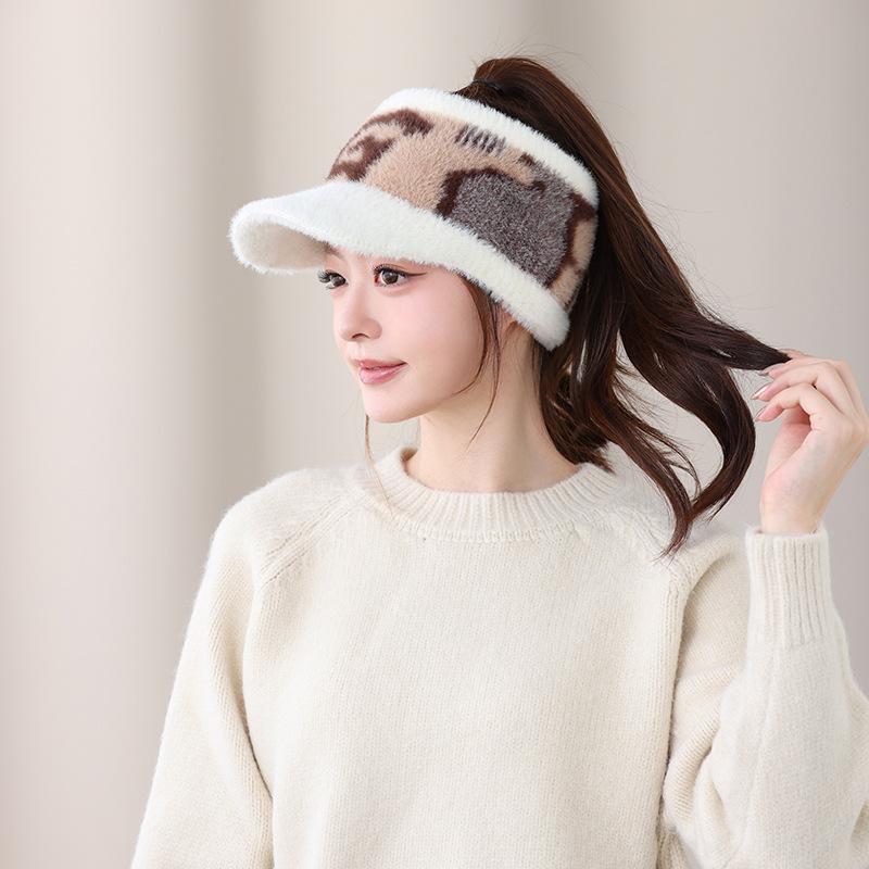 Plush cold-proof empty top hat autumn and winter women's Korean version of fashion knitted hat trendy warm can tie ponytail cap ear protection hat