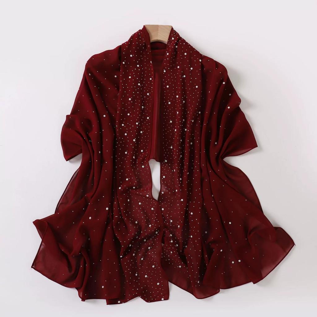 Diamond Pearl Chiffon Hijabs For Women Muslim Fashion Long Shawl Head Wrap For Women Turbans For Women Ramadan Turban Femme