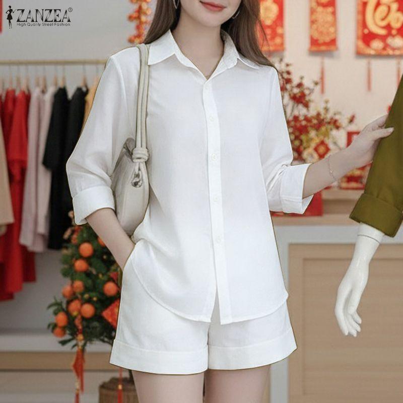 ZANZEA Women 3/4 Sleeve Blouse and Shorts Summer Two Piece Suit Sets