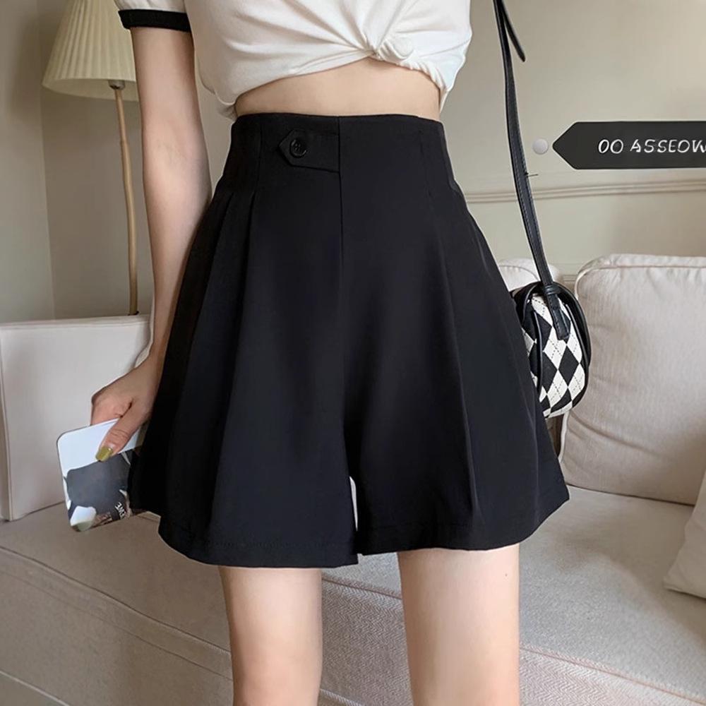2024 Herbst/Winter Damen High Waist Schwarz Weitbeinige Anzugshorts - Schlankmachend, Trendig, Freizeitkleidung
