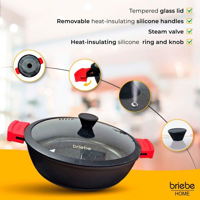 Casserole Basse Induction Antiadhésif Titane 28cm, Fonte d'Aluminium sans PFOA Briebe Black Titanium Noir