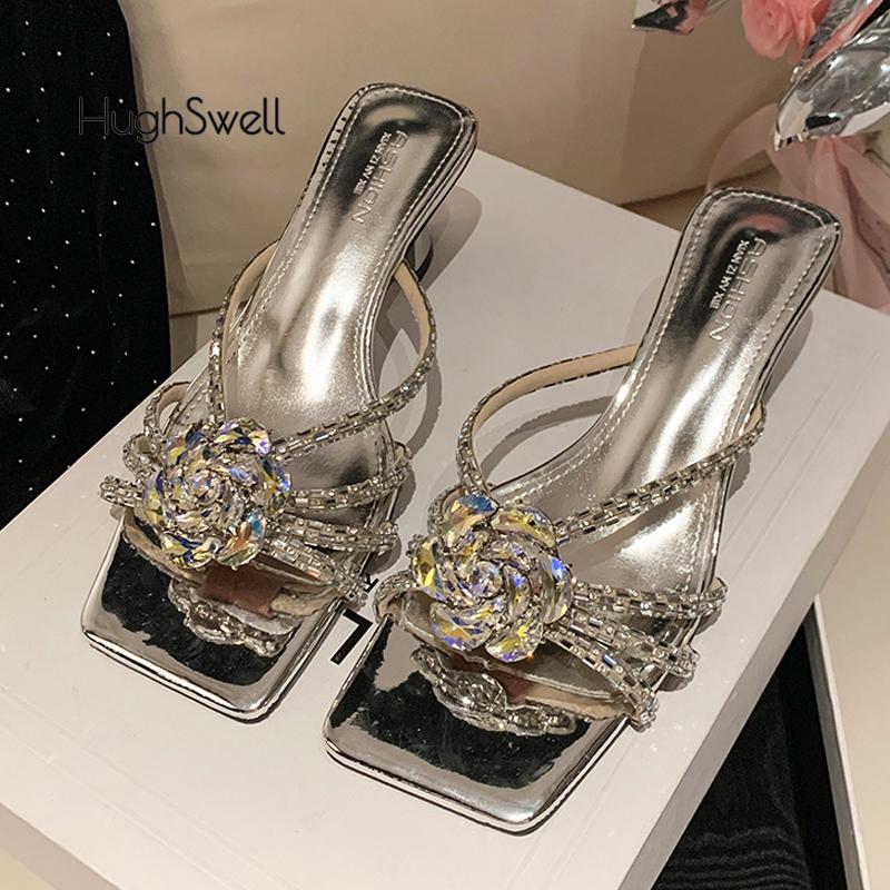 Fashion Luxury Crystal Flower Heeled Sandals Woman Brand Design High Heel Rhinestone Strap Mule Slide Ladies Bling Square Toe Party Shoe