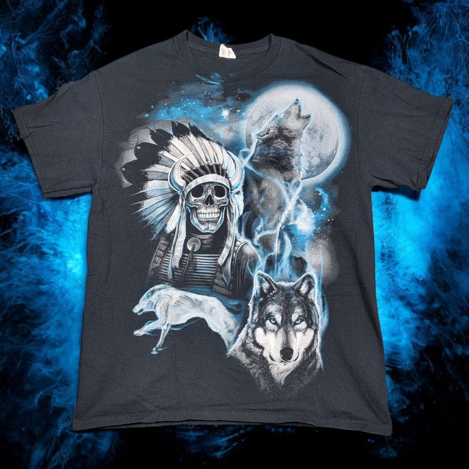 Vintage Native American Indian Chief Skull Wolf Pack Wolves Moon Men s L Shirt Unisex T-Shirt L