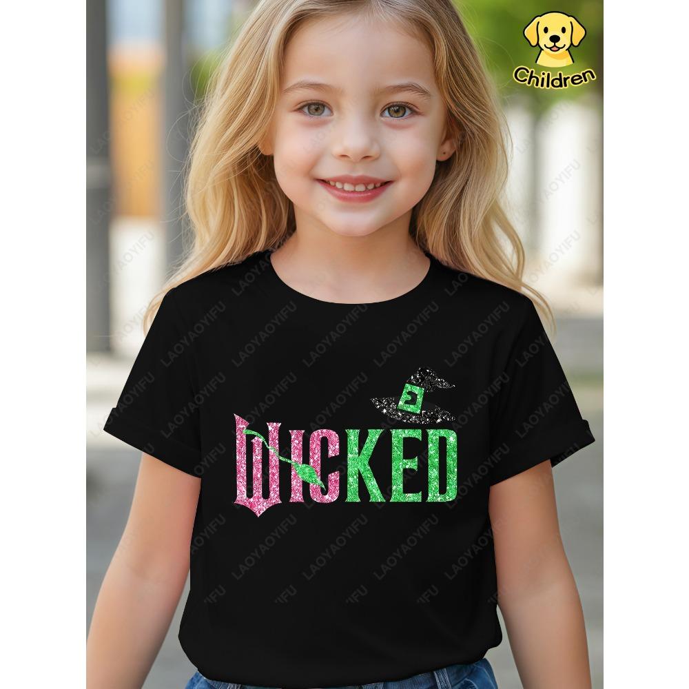 Girls  Wicked Musical-Inspired T-Shirt Cotton Red Short Sleeve Round Neck Tops Trendy Glittery Wicked & Elphaba Children s Shirt 110