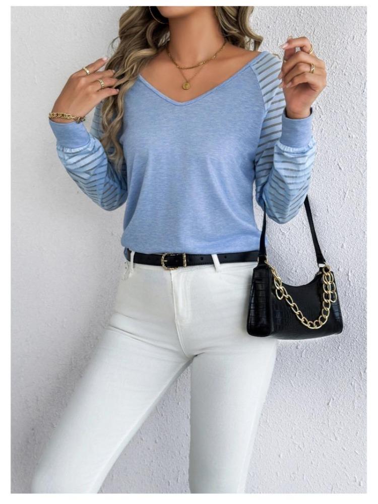 Women Casual Fashion Loose Fit Large Size Long Sleeve V Neck Striped Top Spring Autumn