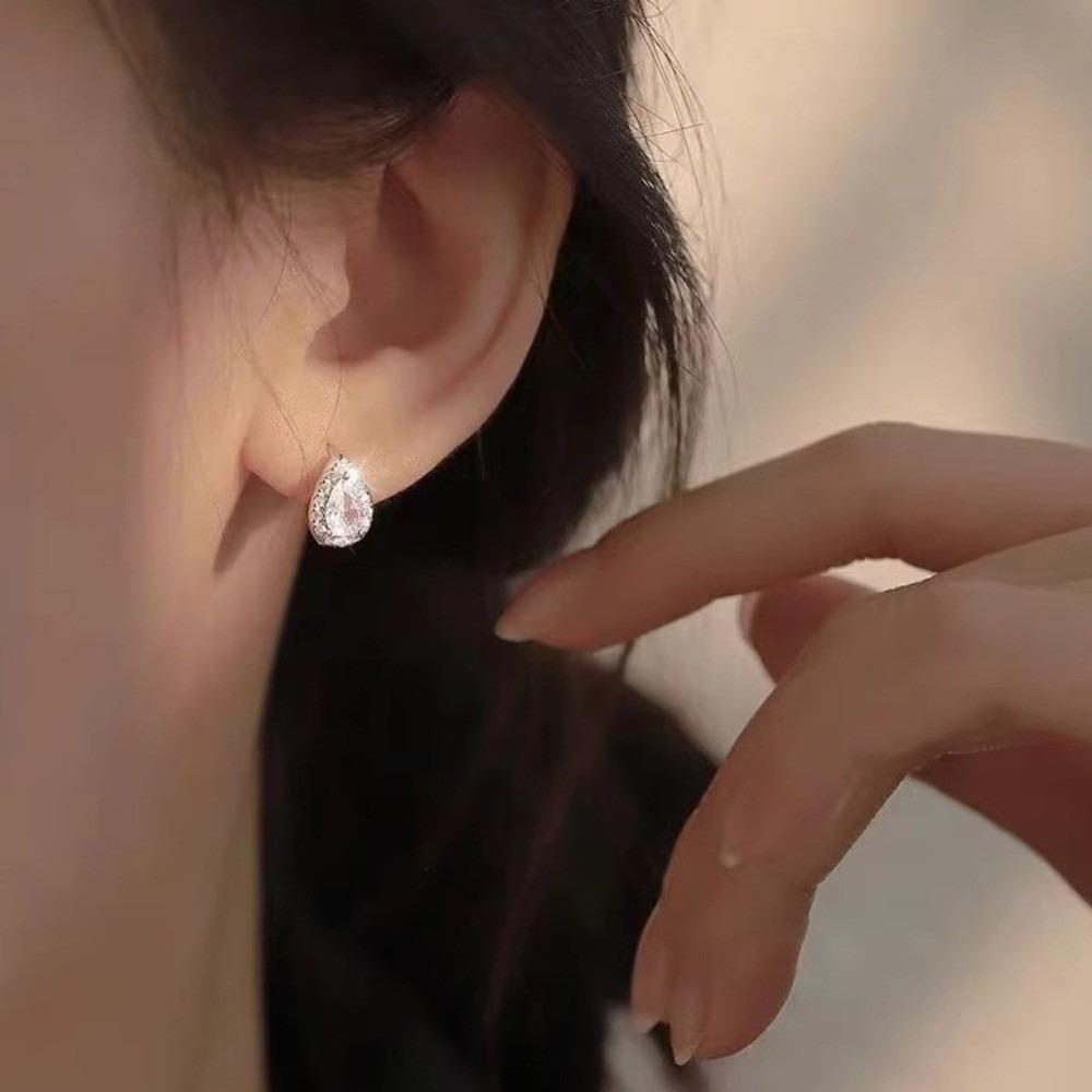 Pear Water Drop Zircon Hoop Earrings Mini Ear Buckle Light Luxury Teardrop Stud Earrings  Jewelry