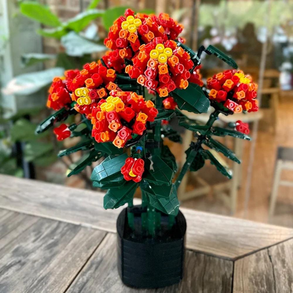 City Creativity Bouquet Lantana Potted Plant Home Decoration Building Blocks Bricks Kids Toys