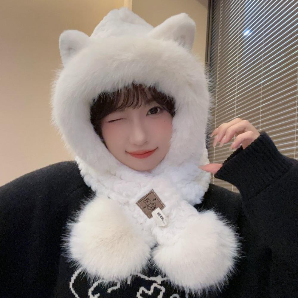 Cute Plush Beanie Hat Ear Protection Pullover Hats New Hat Scarf Kit for Girls Women
