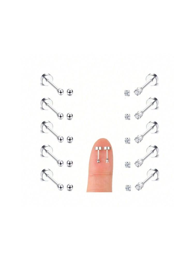 10 Pair 2mm Tiny Gold Flat Back Stud Earrings for Women Men Hypoallergenic Surgical Steel CZ Ball Small Stud Earrings Set