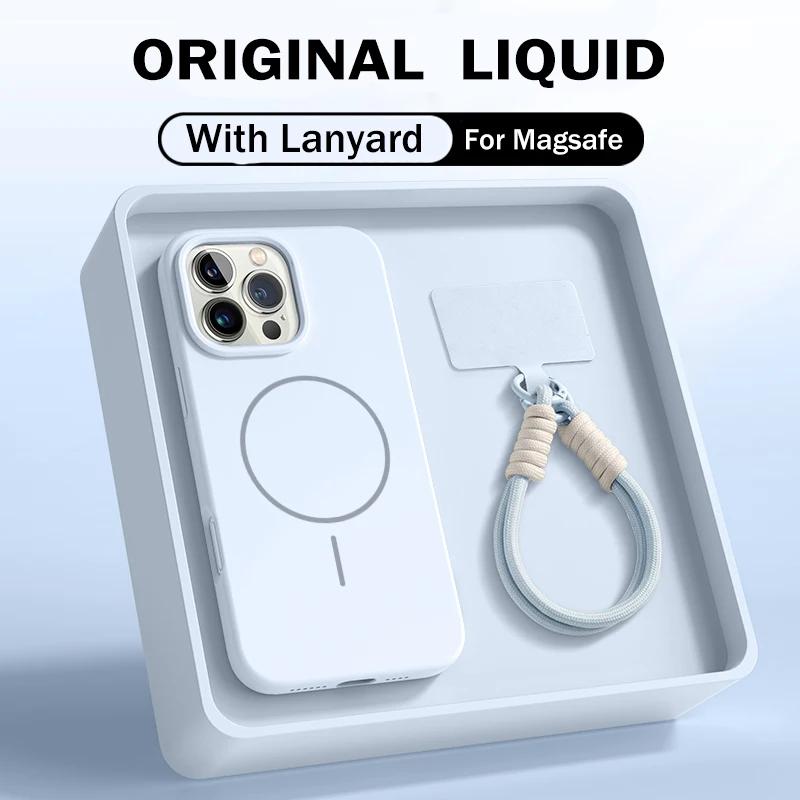Official Liquid Silicone Lanyard Strap Rope Case For iPhone 17 16E 16 14 15 Plus 12 13 11 Pro Max Magsafe Magneitc Soft Cover