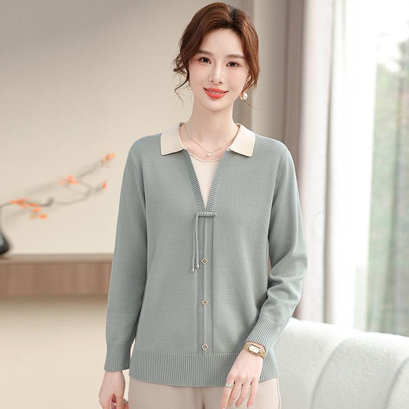 Elegant Spring-Autumn Faux Two-Piece Knit Top for Young, Middle-Aged, and Elderly Women