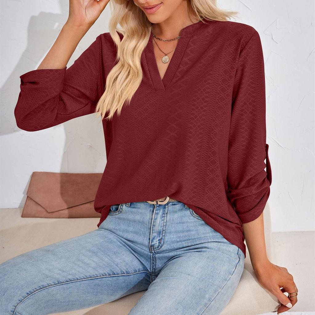 JKASHDK Damenmode Casual Sommer Frühling Einfarbig Druck 3/4 Ärmel V-Ausschnitt Blusen & Hemden