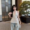 Womens Black Backless Halter Sleeveless Shirt Chic Slim Fit Tie Waist Blouse