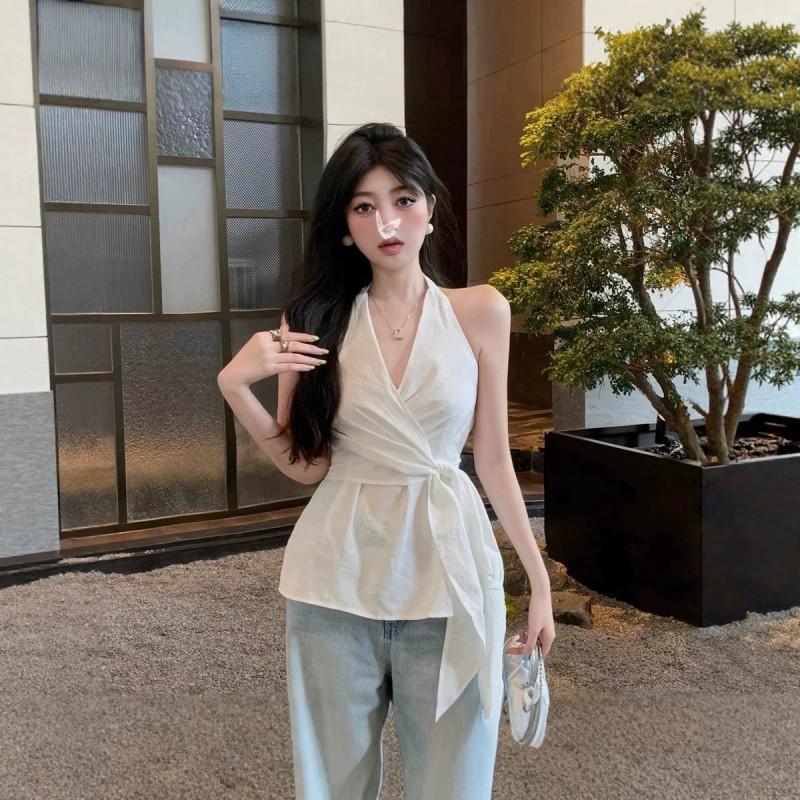 Womens Black Backless Halter Sleeveless Shirt Chic Slim Fit Tie Waist Blouse