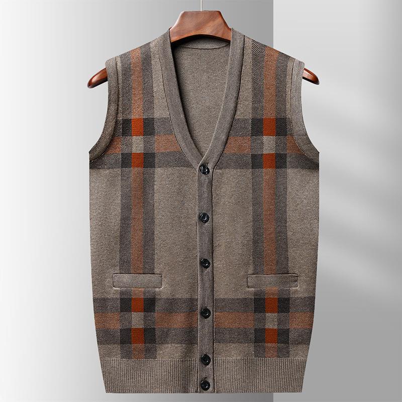 Herbst Winter Herren Pullover Weste Lässig Ärmellos Strickjacken Herren Mode Kariert V-Ausschnitt Cardigans Herren Kleidung Gestrickte Weste