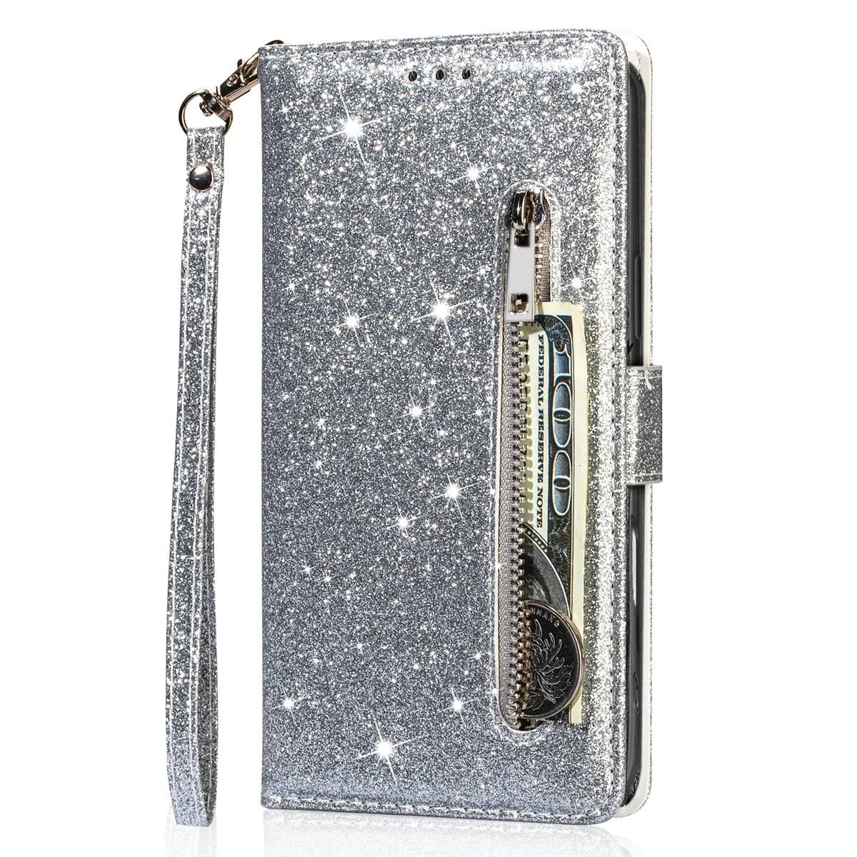 

Zipper Glitter Leather Case for iPhone 17 Air 16 16E 15 14 13 12 11 Pro Max XS Max XR 8 7 Plus SE Flip Bling Wallet Phone Cover iPhone SE (2022) срібний