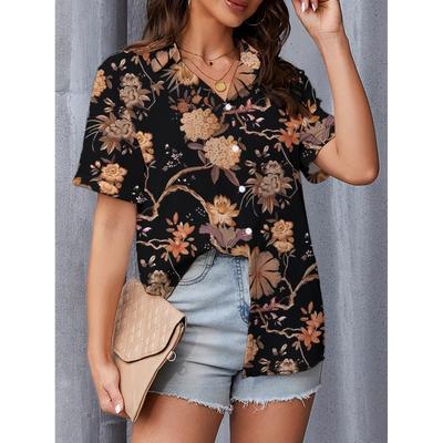 Women's Fashionable and Trendy Casual Versatile Mysterious Floral and Botanical Pattern Print Short-Sleeve Shirt