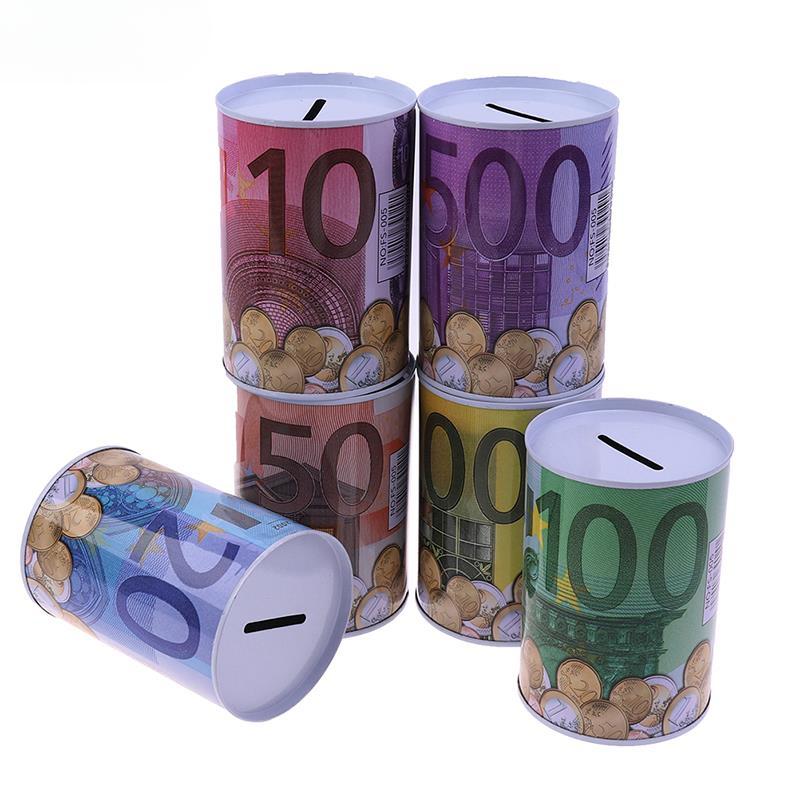 1pc Euro Dollar Metal Cylinder Box Home Decoration Bank Saving Money Tin Piggy Bank Child Gifts