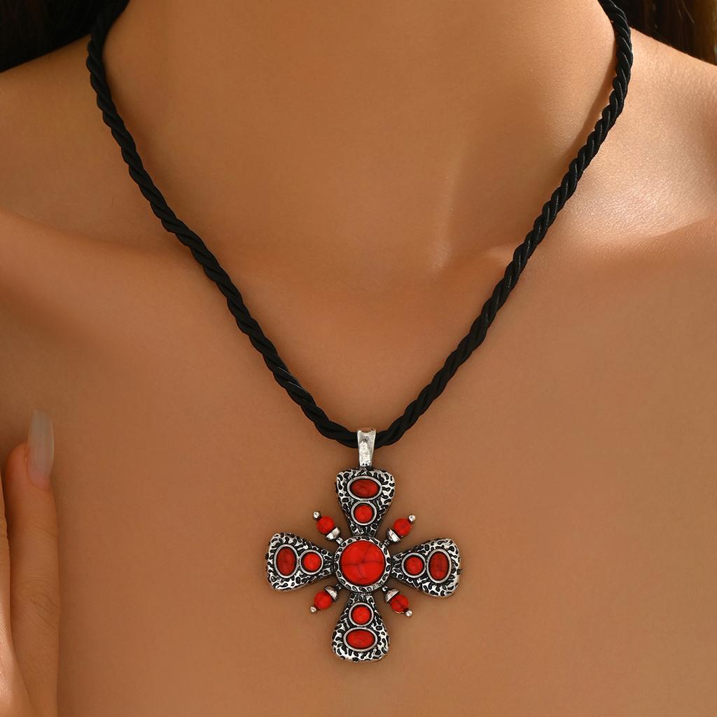 Fashion Alloy Cross Pendant Necklace with Ruby Red Crystal Vintage Bohemian Long Chain Jewelry