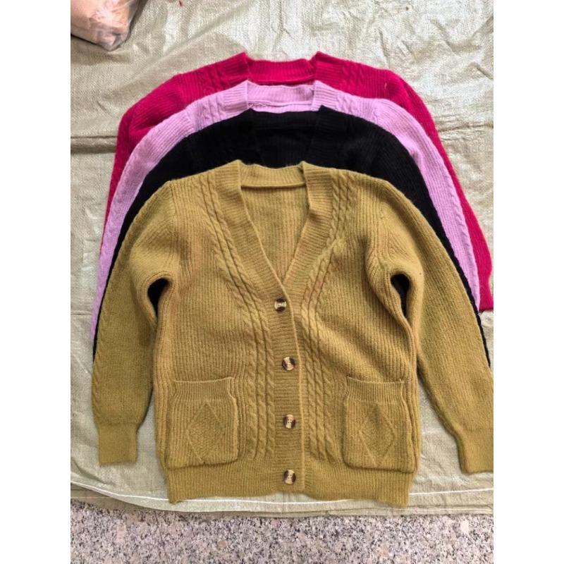 Herbst Winter Locker Lässig Einfarbig Strickmantel Damen V-Ausschnitt All-Match Knöpfe Pullover Oberteil