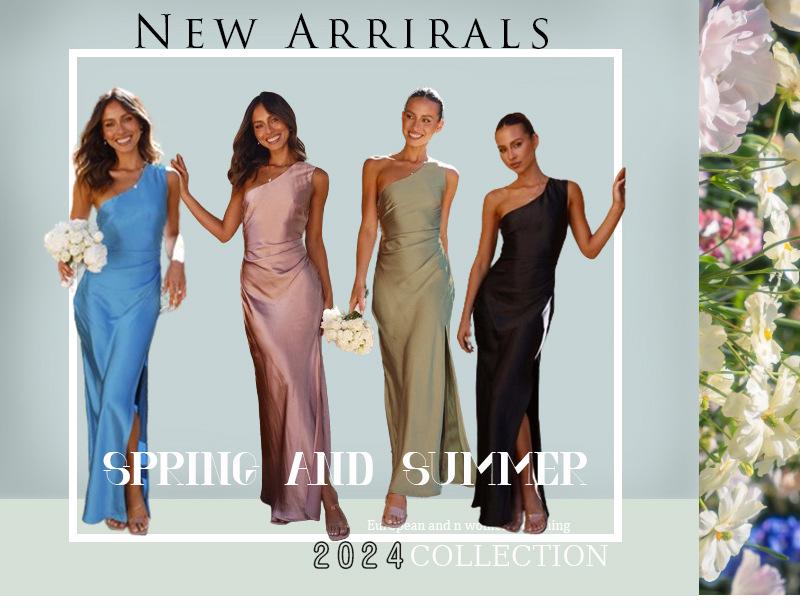 Spring/Summer 2024 European & American Slim One-Shoulder Satin Dress with Slit – Sexy & Chic Socialite Style for Women