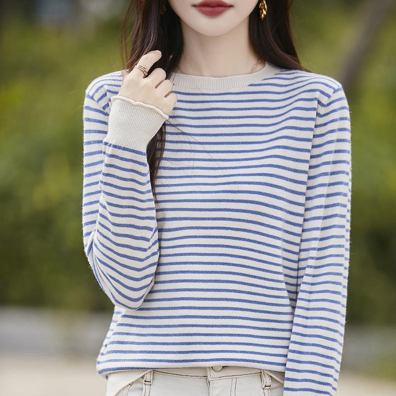 New Autumn Women's Short Sleeve Velvet Knit Pullover Sweater - Striped Round Neck Korean Style.