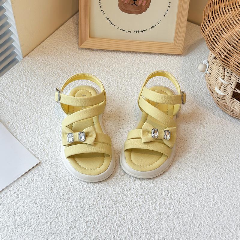 

Girls Beach Shoes Simple Bows Shiny Crystal Kids Sandals Open Toes Non-slip 2025 Summer New Children Princess Casual Shoes Sweet 23 жёлтый