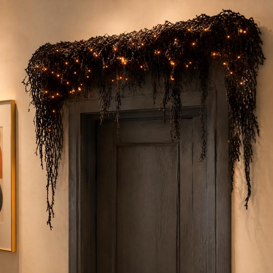 Gothic Horror Party Props Halloween Lighted Creepy Vine Garland with LED Light, Waterproof Faux Black Branch Atmosphere Seasonal Ornaments Decoration