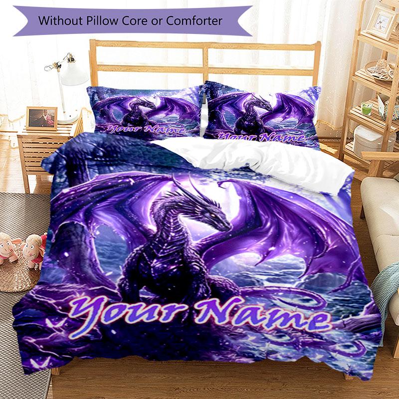 3PC Custom Name Purple Dragon Fantasy Bedding Set Duvet Cover Closure Includes 1 Duvet Cover & 2 Pillowcases for Bedroom