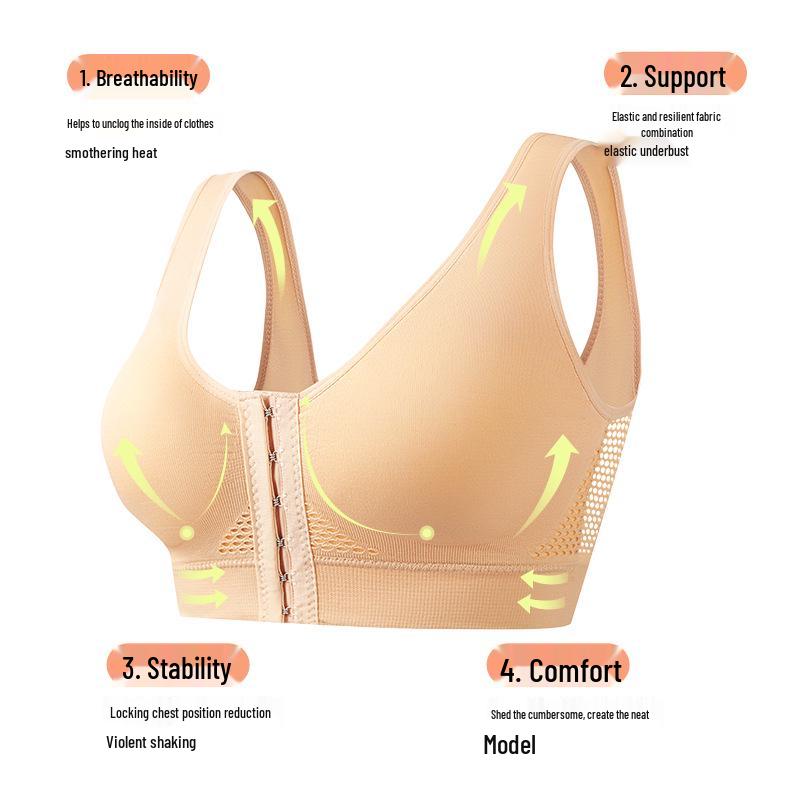 Women's Wire-Free Sports Bra with Front Closure - Shockproof, Gathering, and Beautiful Back Design. Plus Size Available.