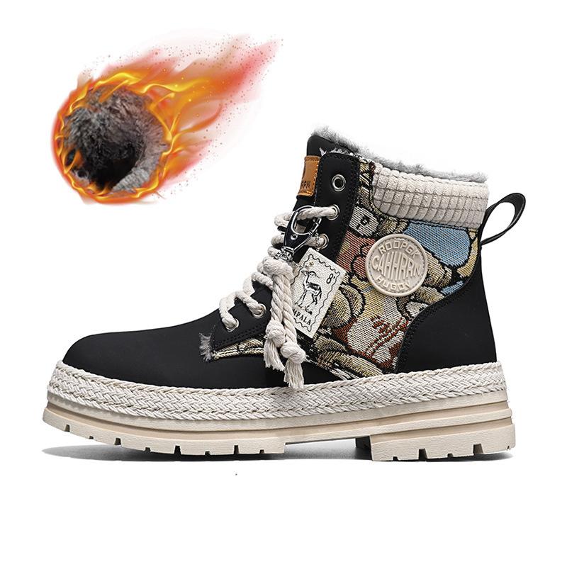 Shoes Men's Fashion High-Top with Velvet Straw Woven Bottom Small Bear Shoes Warm Worker Boot Motorcycle Boots