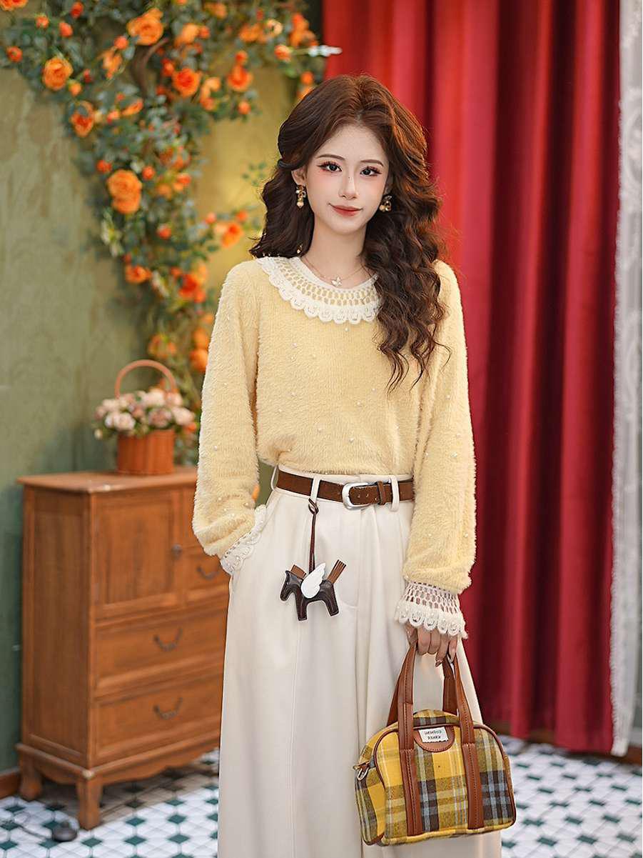 Zhang Jiayuan Beaded Lace Collar Plush Winter Long Sleeve Shirt #S14909 S жёлтый