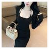 Elegant Off-Shoulder Long Sleeve Midi Dress Women Fall 2025 Slim Fit Bodycon Fishtail Skirt With Cut-Out Detail