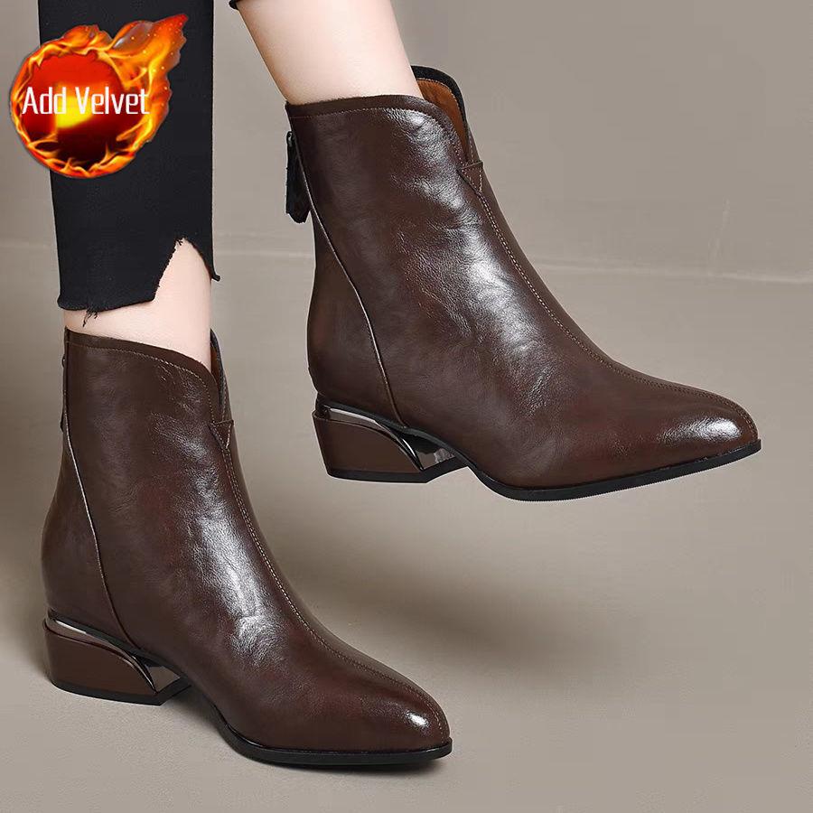 Fashion Woman Short Shoes Pointed Toe Fleece-Lined Warm Leather Ankle Boots for Women Designer Luxury Large Size Hot New Rock Pu Booties