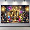 Ein 70. Geburtstag goldener Polyester-Celebration-Hintergrund - lebendige Feuerwerkskörper, Ballons, Kuchen und Partydekorationen
