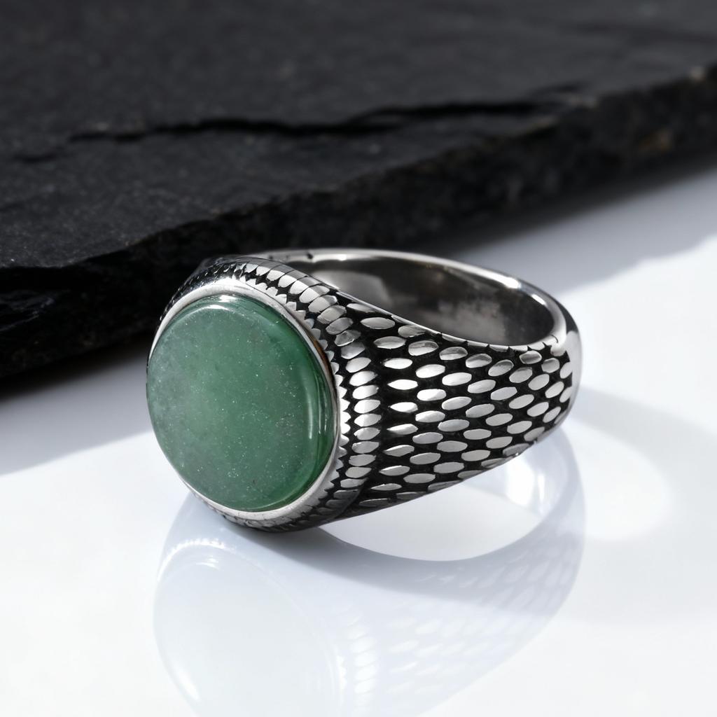 Green Dongling Stone Ring for Men,Vintage Stainless Steel Natural Stone Signet Ring,Punk Round Ring Gift