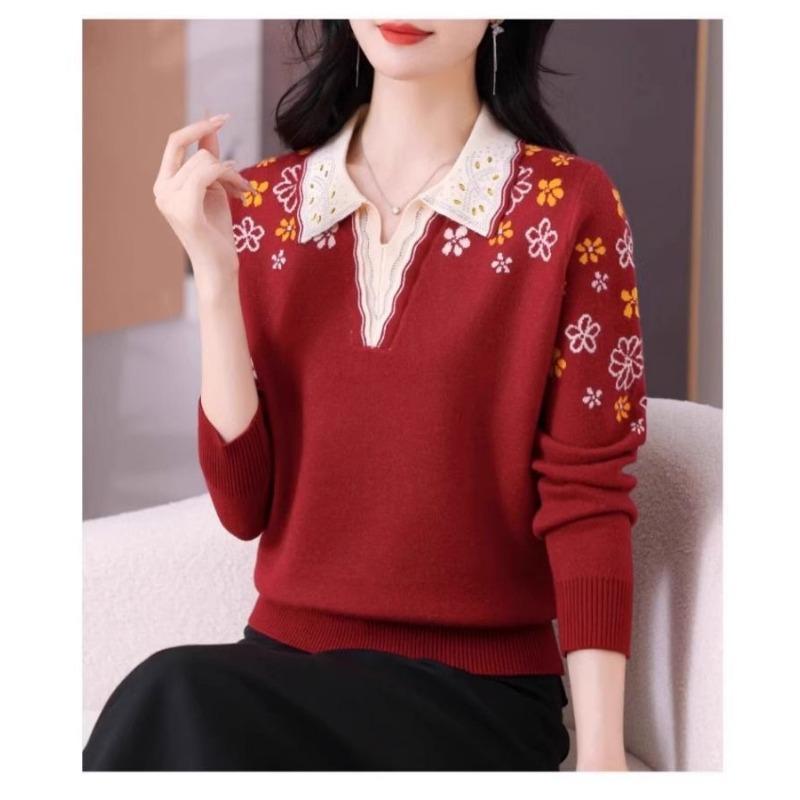 

Women s New Autumn Fashion Knitted Long-sleeved Lapel Print Loose Versatile Casual Top L червоний