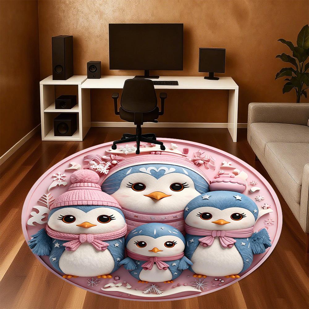 1pc Penguin Family Round Chair mat office Area Rug - Non-Slip, Floor Mat for Office, Bedroom, Ideal home decor gift c0112006