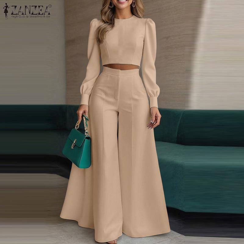 ZANZEA Women Long Sleeve Cropped Tops and Wide Leg Pants Casual Two Piece Suit Set