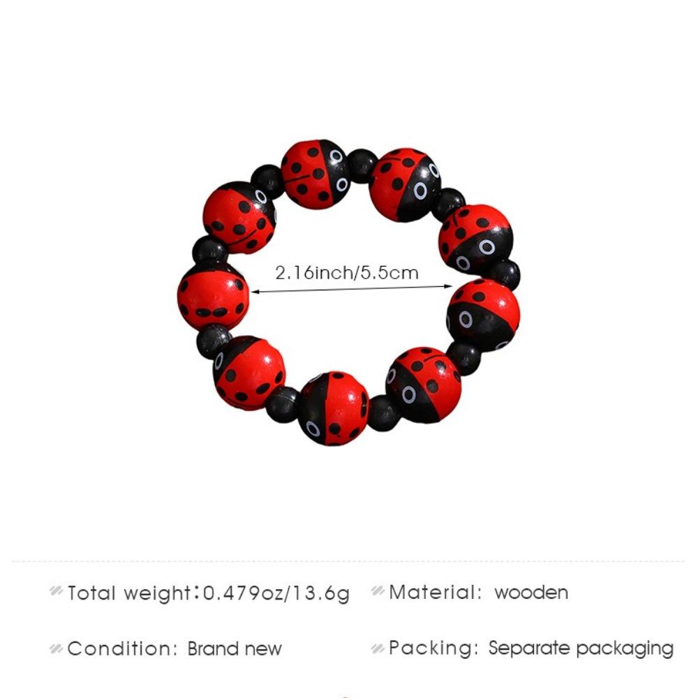 Exaggerated Personality Seven-spotted Ladybug Printed Wooden Beaded Elastic Bracelets for Women Retro Cute Jewelry Accessories