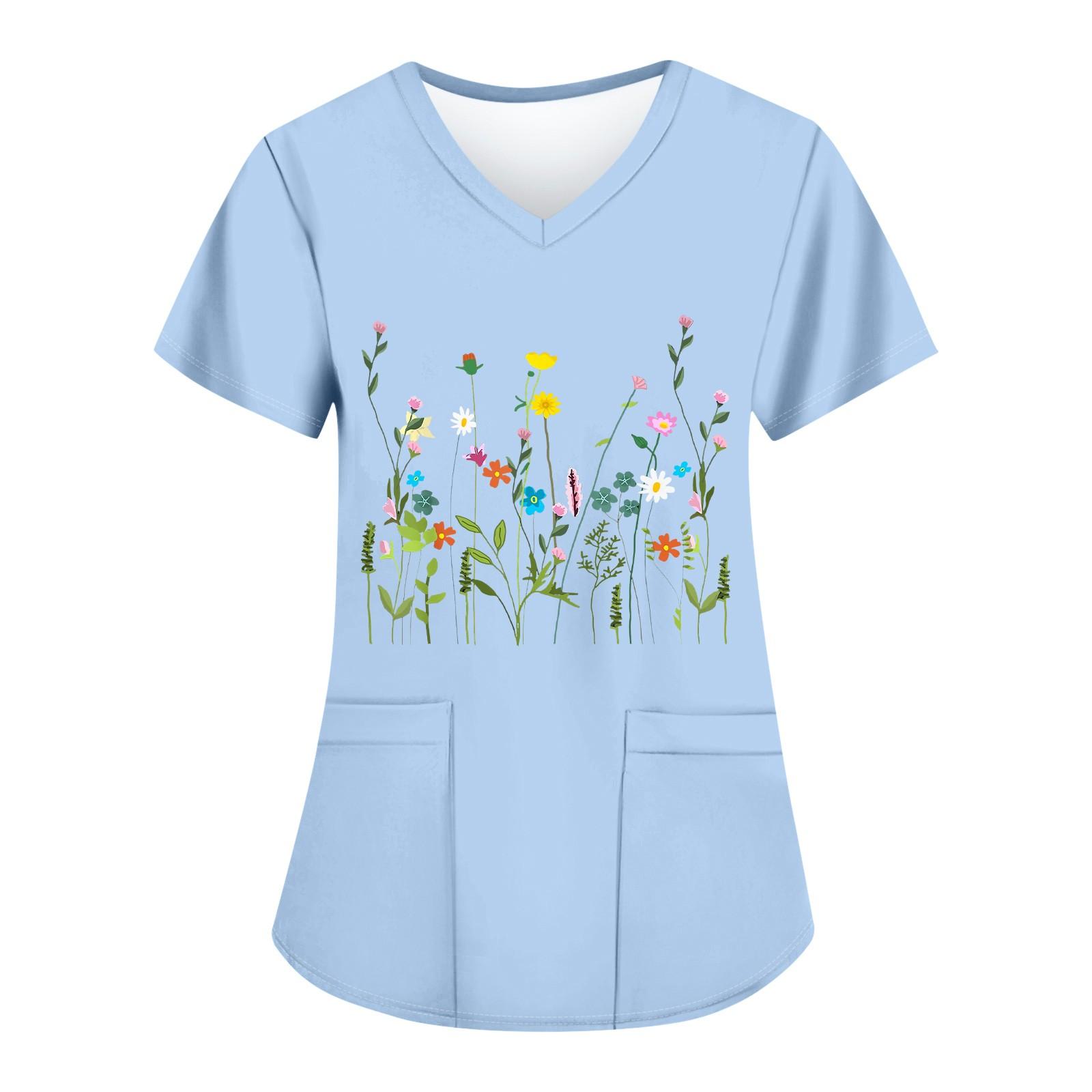 

Жіночі модні робочі футболки з принтом і V-подібним вирізом з короткими рукавами та кишенями XL синій