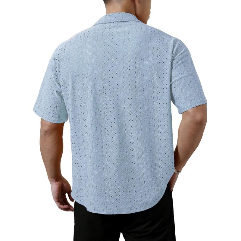 Men's White Eyelet Textured Short Sleeve Shirt, Casual Camp Collar Button Down Summer Top
