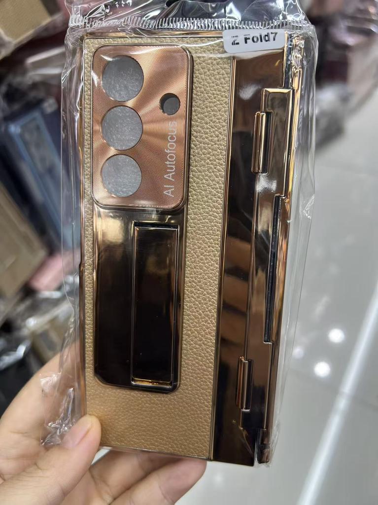 Full Protection Hinge Case for Samsung Galaxy Z Fold8 Ultra / 7 6 5 4 3 Plating PC+Leather Tempered Film Folding Kickstand Cover