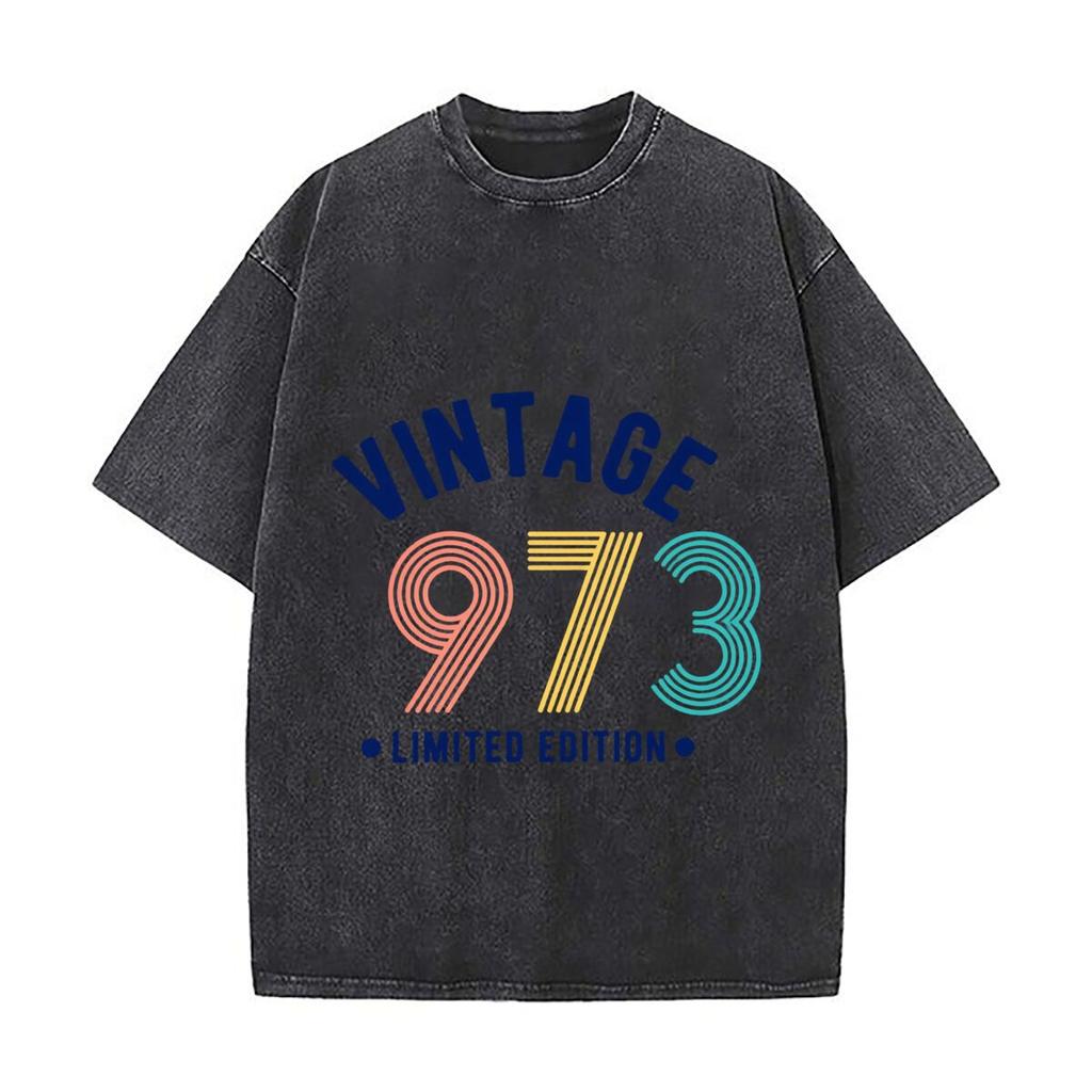 Vintage 1973 Limited Edition Retro Birthday Graphic Washed Distressed Loose Streetwear Tops for City Walks