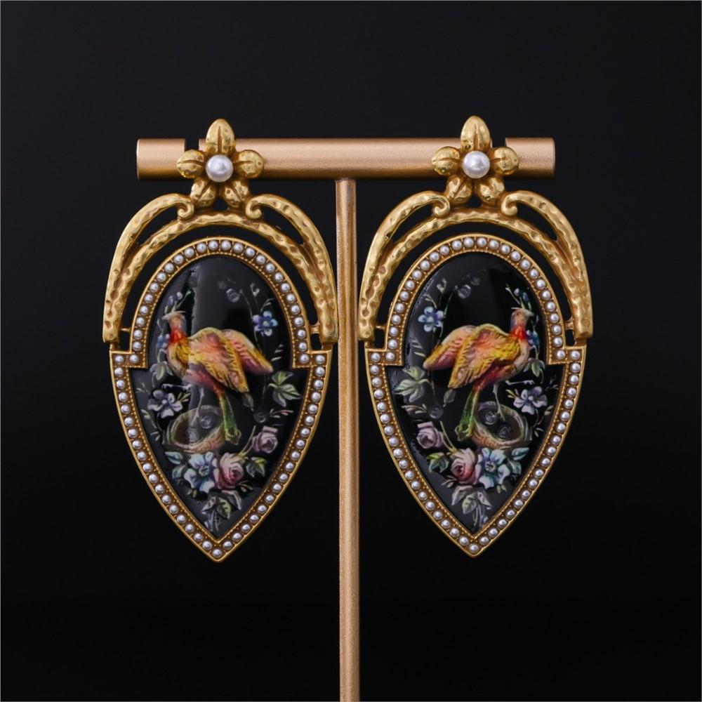 KEQIU Retro Peacock Oil Painting Micro-Set Diamond Stud Earrings Fashionable Vintage Design Earring Niche Accessory